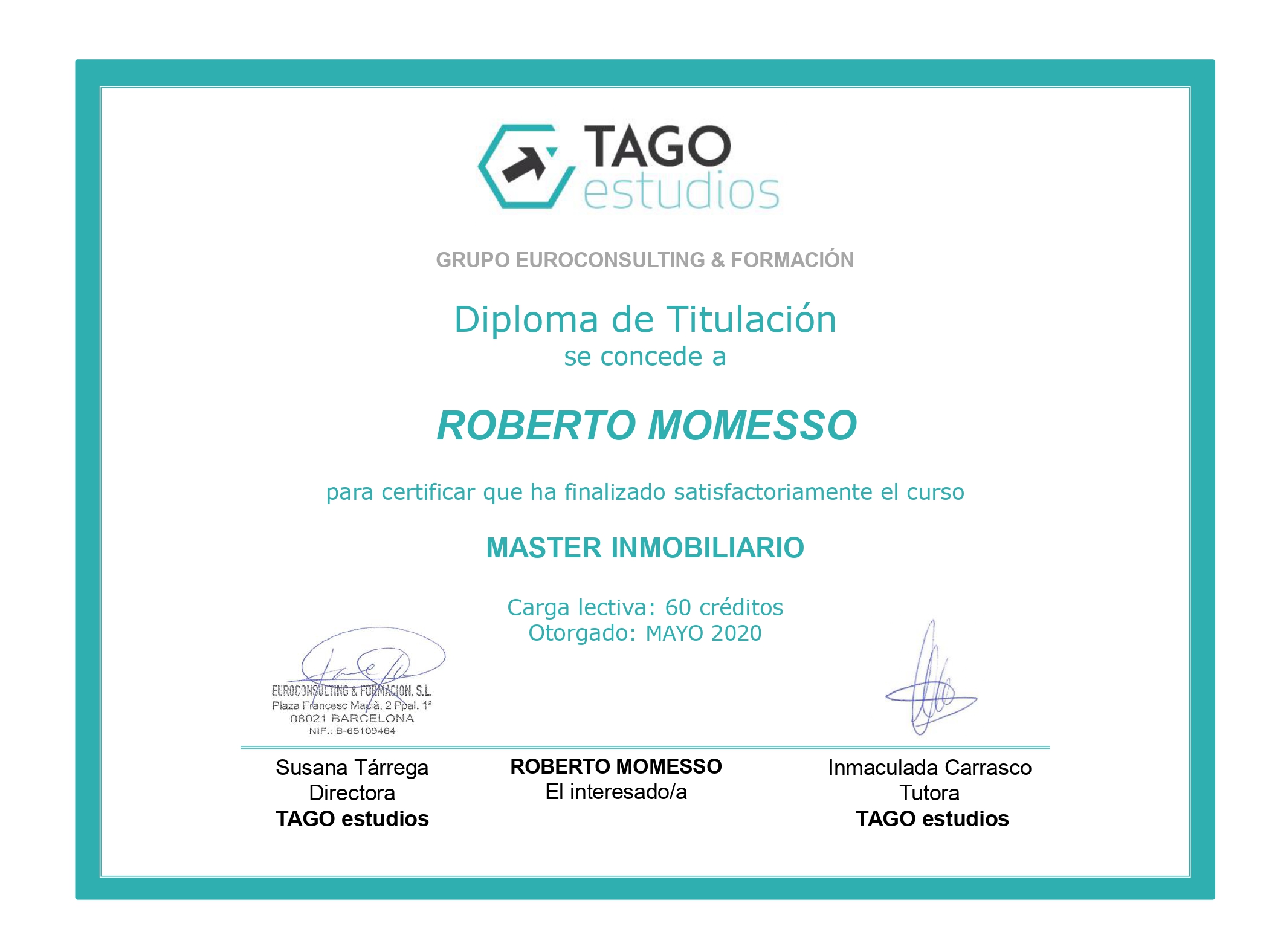 Diploma Máster Inmobiliaria Roberto Momesso